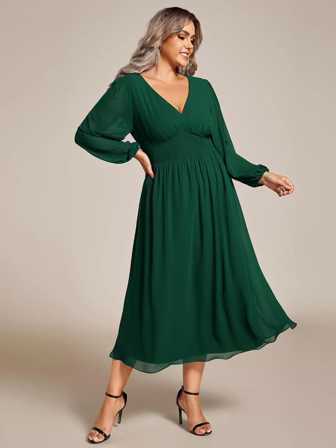 Ever-Pretty Women's A Line V Neck Lantern Sleeves Midi Plus Size Formal Fresses for Curvy Women 01929-DA