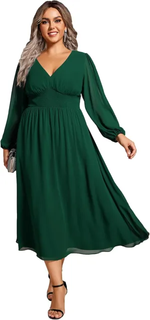 Ever-Pretty Women's A Line V Neck Lantern Sleeves Midi Plus Size Formal Fresses for Curvy Women 01929-DA