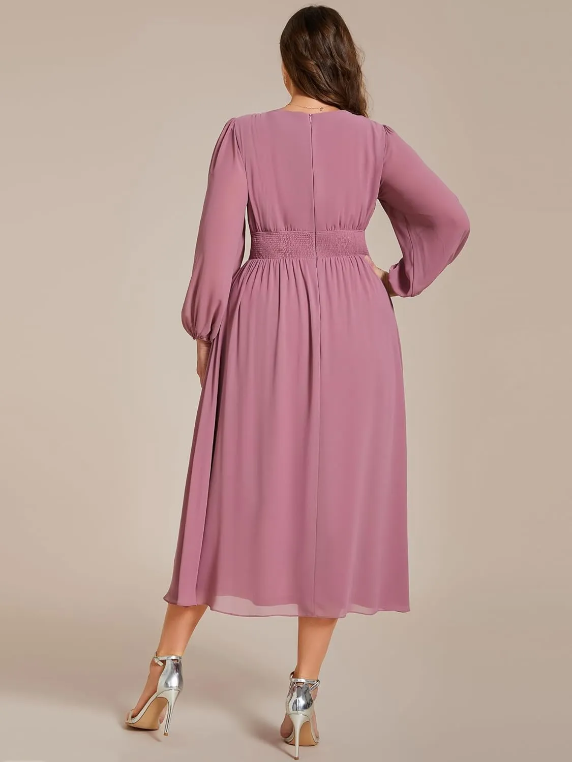 Ever-Pretty Women's A Line V Neck Lantern Sleeves Midi Plus Size Formal Fresses for Curvy Women 01929-DA