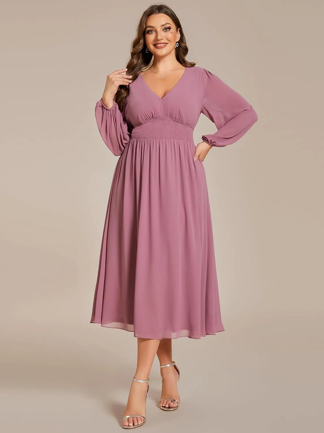 Ever-Pretty Women's A Line V Neck Lantern Sleeves Midi Plus Size Formal Fresses for Curvy Women 01929-DA