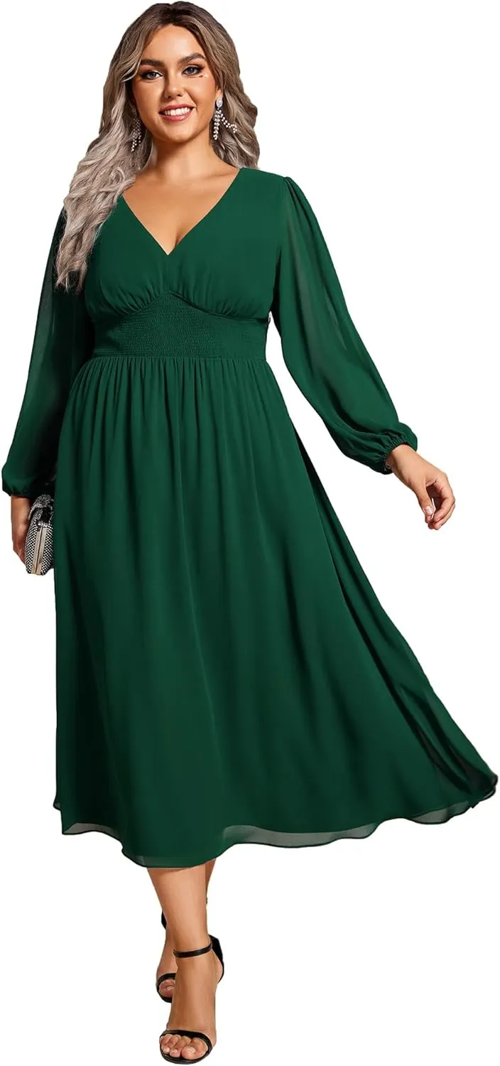 Ever-Pretty Women's A Line V Neck Lantern Sleeves Midi Plus Size Formal Fresses for Curvy Women 01929-DA