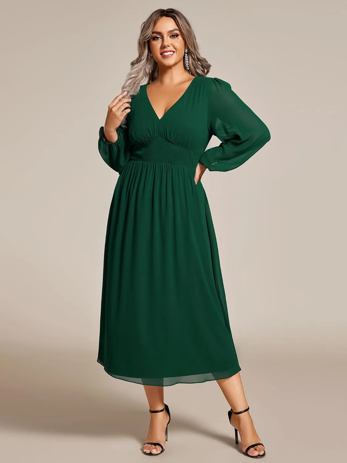Ever-Pretty Women's A Line V Neck Lantern Sleeves Midi Plus Size Formal Fresses for Curvy Women 01929-DA