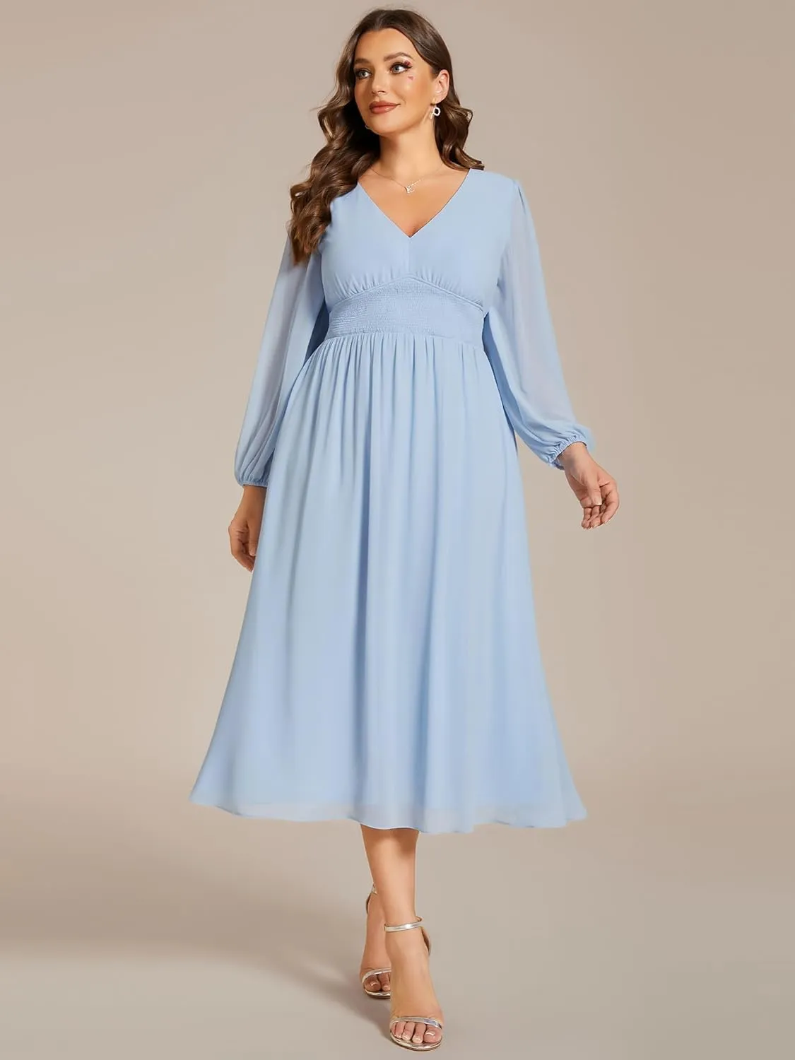 Ever-Pretty Women's A Line V Neck Lantern Sleeves Midi Plus Size Formal Fresses for Curvy Women 01929-DA