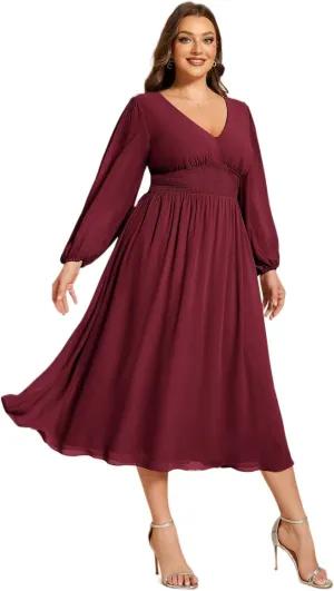 Ever-Pretty Women's A Line V Neck Lantern Sleeves Midi Plus Size Formal Fresses for Curvy Women 01929-DA