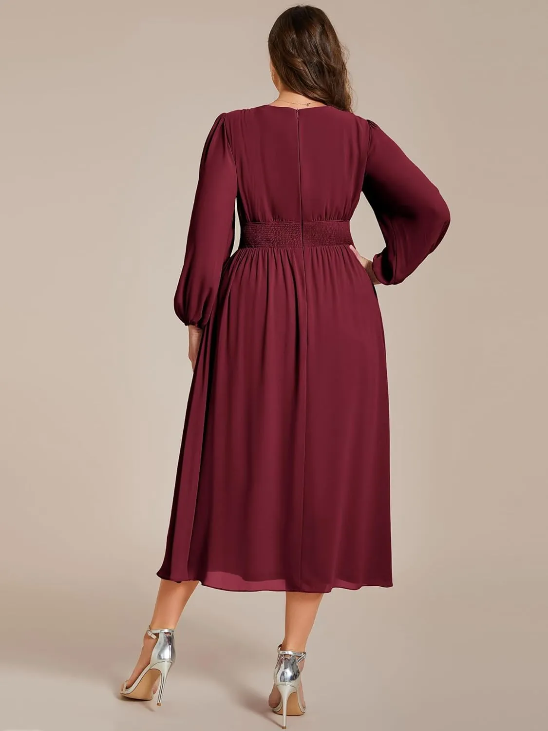 Ever-Pretty Women's A Line V Neck Lantern Sleeves Midi Plus Size Formal Fresses for Curvy Women 01929-DA