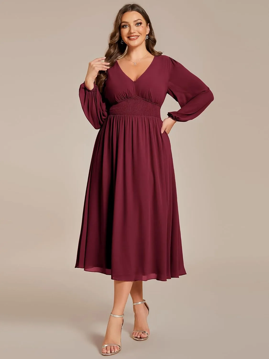 Ever-Pretty Women's A Line V Neck Lantern Sleeves Midi Plus Size Formal Fresses for Curvy Women 01929-DA
