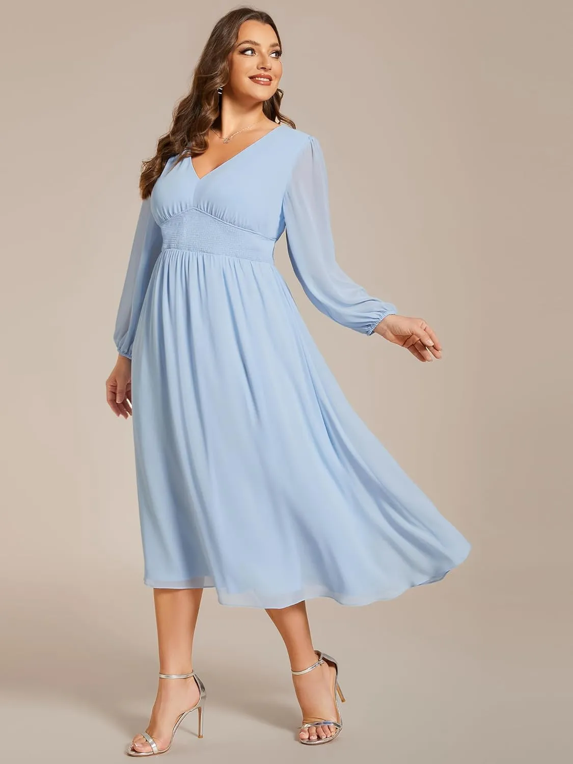 Ever-Pretty Women's A Line V Neck Lantern Sleeves Midi Plus Size Formal Fresses for Curvy Women 01929-DA