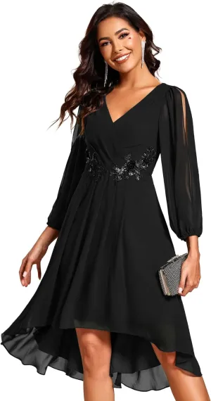 Ever-Pretty Women’s Chiffon Lantern Long Sleeves Pleated Appliqued Empire Waist Midi Length Semi Formal Dresses 02926