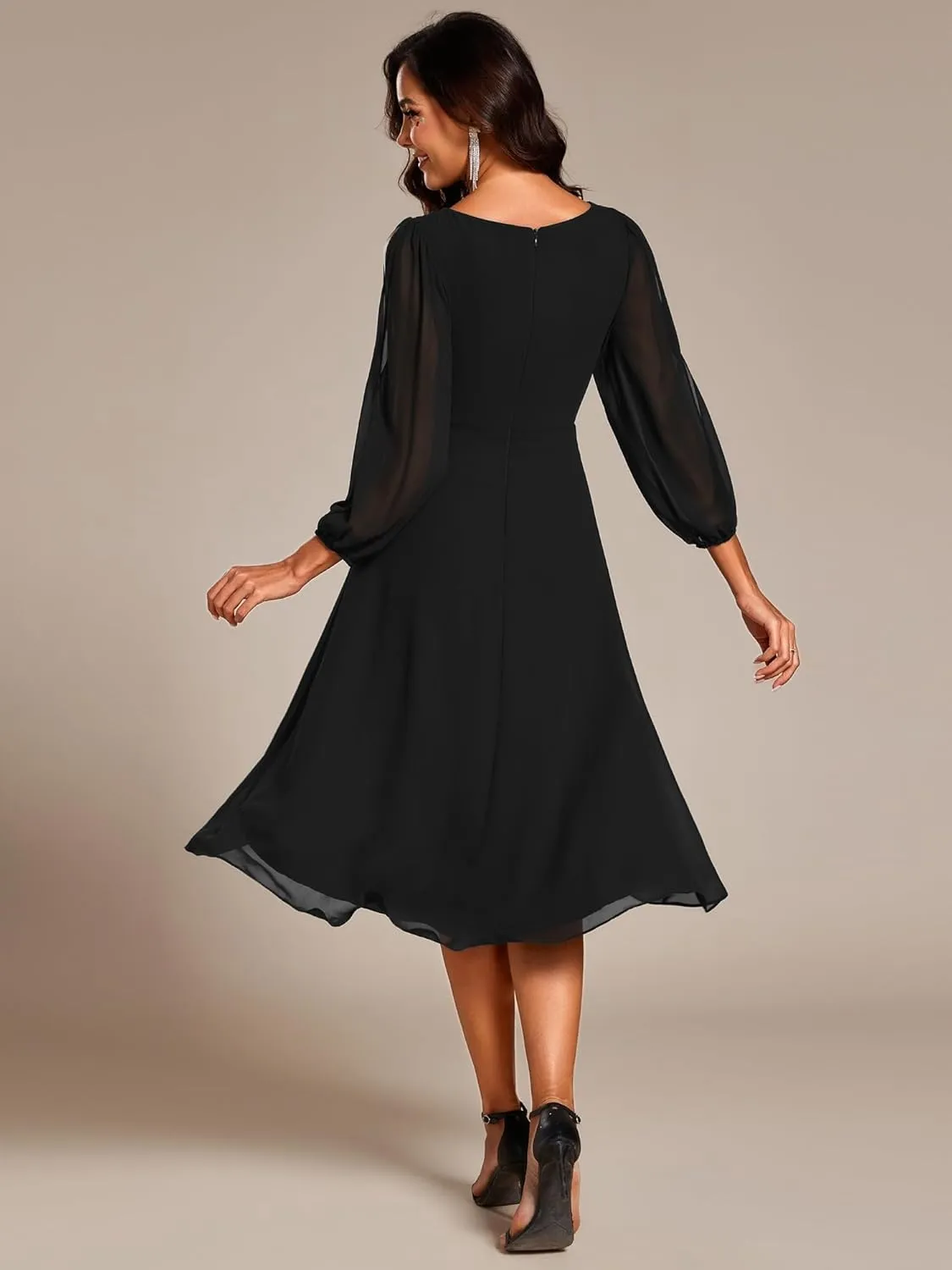 Ever-Pretty Women’s Chiffon Lantern Long Sleeves Pleated Appliqued Empire Waist Midi Length Semi Formal Dresses 02926