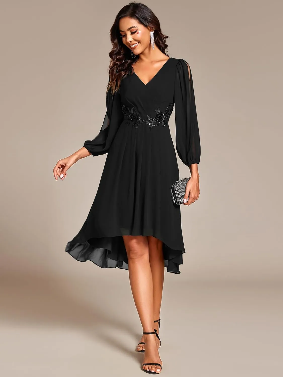 Ever-Pretty Women’s Chiffon Lantern Long Sleeves Pleated Appliqued Empire Waist Midi Length Semi Formal Dresses 02926