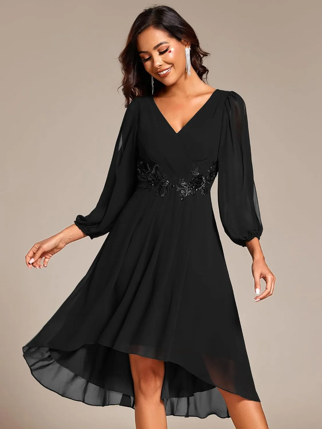 Ever-Pretty Women’s Chiffon Lantern Long Sleeves Pleated Appliqued Empire Waist Midi Length Semi Formal Dresses 02926