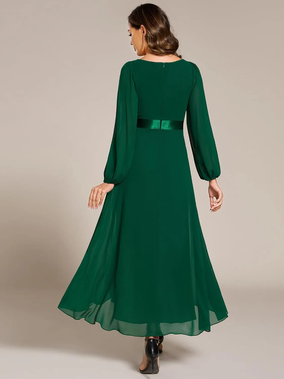 Ever-Pretty Women's Fall Chiffon V Neck Long Sleeves High-Low Tea Length A-Line Formal Wedding Guest Dresses 09894