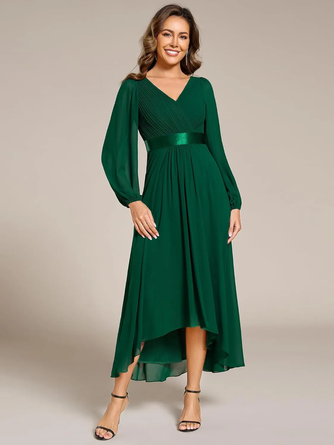 Ever-Pretty Women's Fall Chiffon V Neck Long Sleeves High-Low Tea Length A-Line Formal Wedding Guest Dresses 09894
