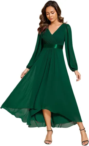 Ever-Pretty Women's Fall Chiffon V Neck Long Sleeves High-Low Tea Length A-Line Formal Wedding Guest Dresses 09894
