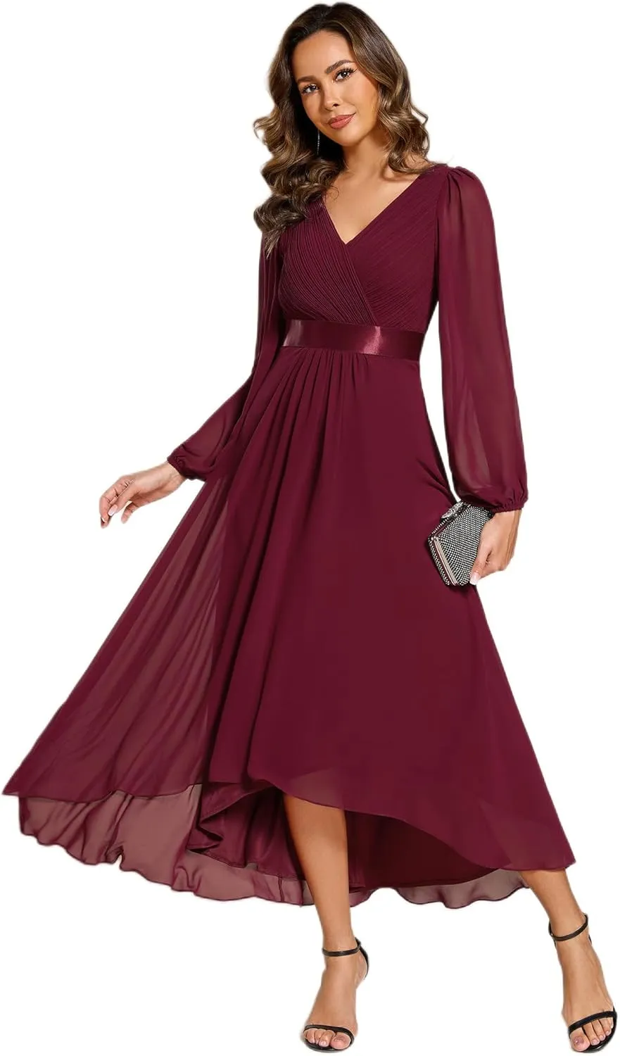 Ever-Pretty Women's Fall Chiffon V Neck Long Sleeves High-Low Tea Length A-Line Formal Wedding Guest Dresses 09894