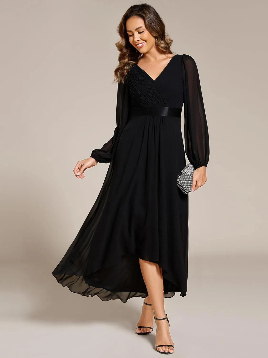 Ever-Pretty Women's Fall Chiffon V Neck Long Sleeves High-Low Tea Length A-Line Formal Wedding Guest Dresses 09894