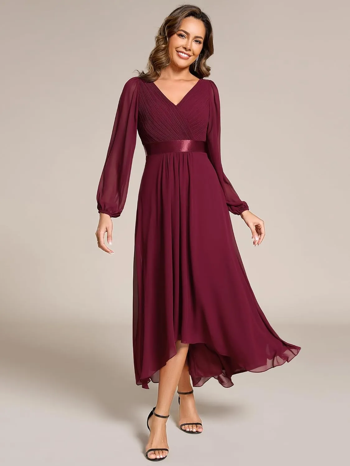 Ever-Pretty Women's Fall Chiffon V Neck Long Sleeves High-Low Tea Length A-Line Formal Wedding Guest Dresses 09894