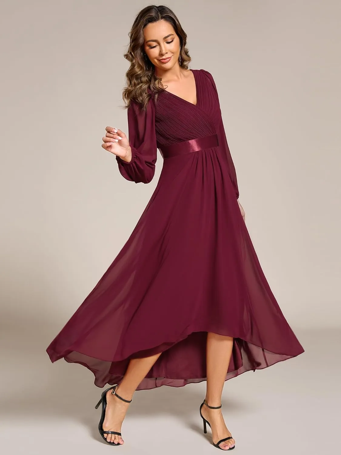 Ever-Pretty Women's Fall Chiffon V Neck Long Sleeves High-Low Tea Length A-Line Formal Wedding Guest Dresses 09894