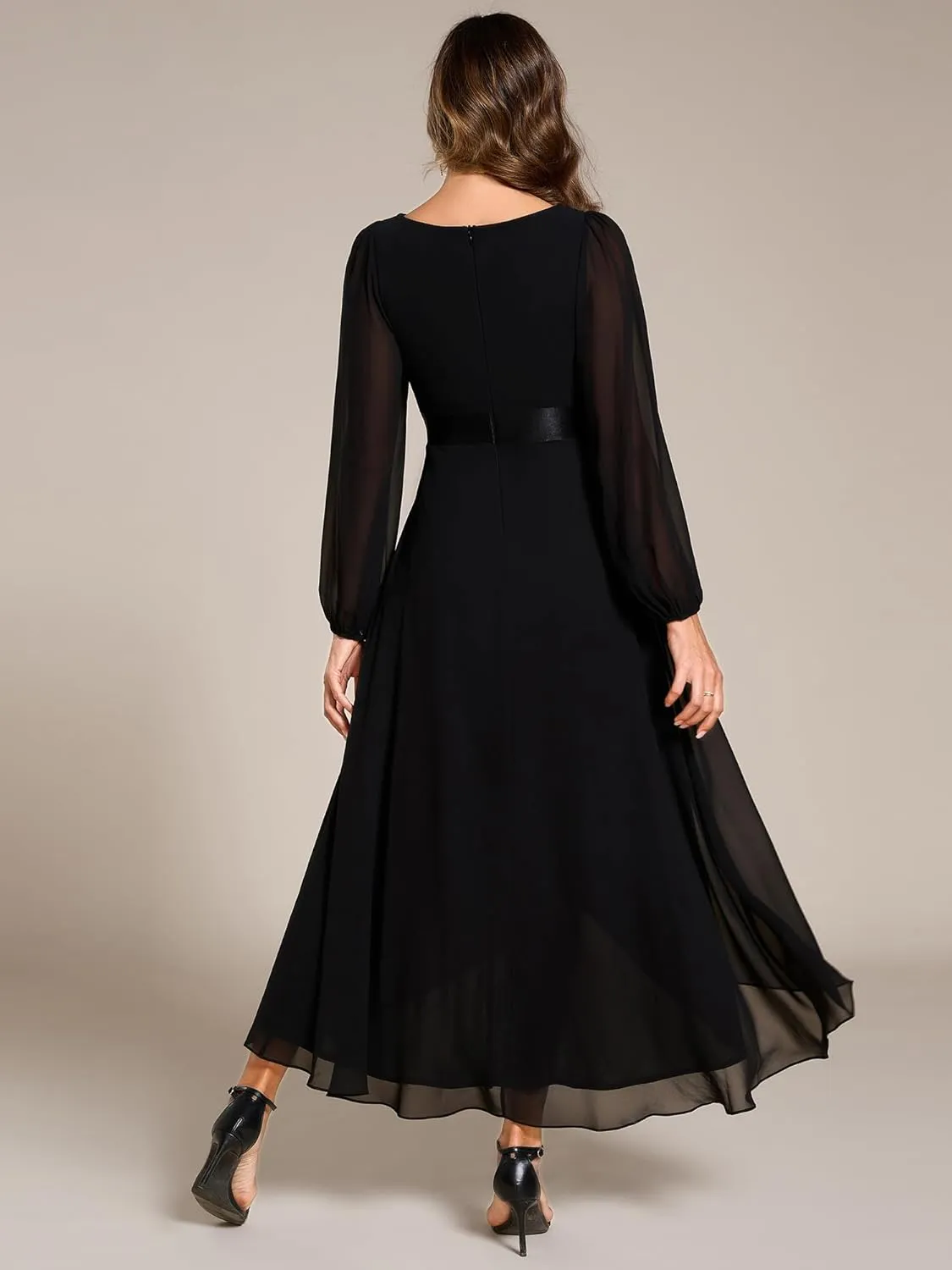 Ever-Pretty Women's Fall Chiffon V Neck Long Sleeves High-Low Tea Length A-Line Formal Wedding Guest Dresses 09894