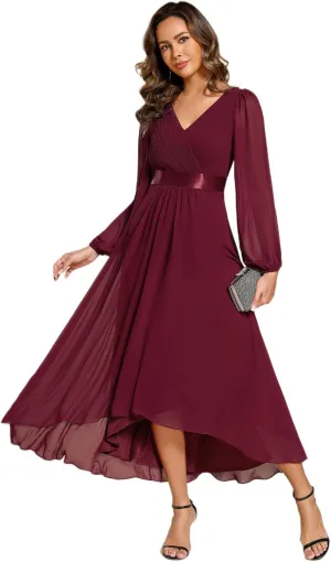 Ever-Pretty Women's Fall Chiffon V Neck Long Sleeves High-Low Tea Length A-Line Formal Wedding Guest Dresses 09894