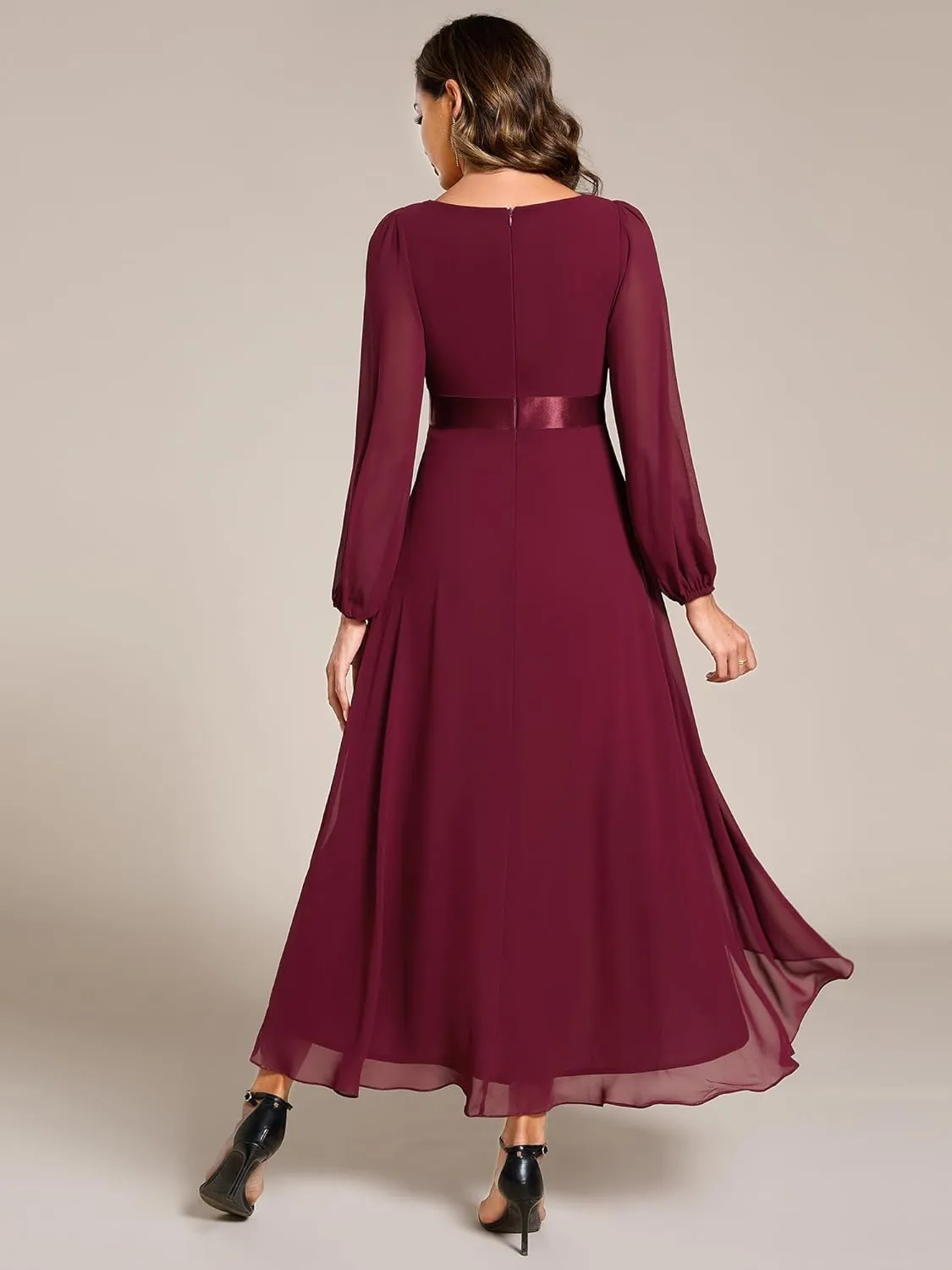 Ever-Pretty Women's Fall Chiffon V Neck Long Sleeves High-Low Tea Length A-Line Formal Wedding Guest Dresses 09894