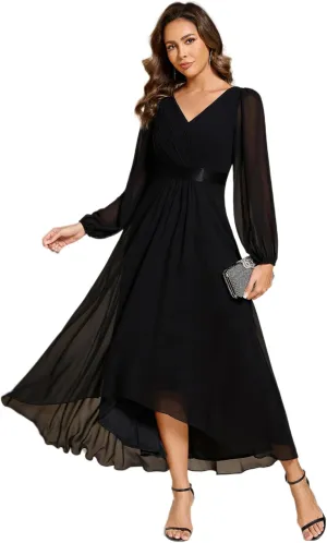 Ever-Pretty Women's Fall Chiffon V Neck Long Sleeves High-Low Tea Length A-Line Formal Wedding Guest Dresses 09894