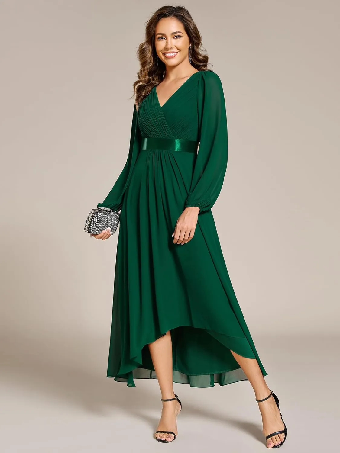 Ever-Pretty Women's Fall Chiffon V Neck Long Sleeves High-Low Tea Length A-Line Formal Wedding Guest Dresses 09894