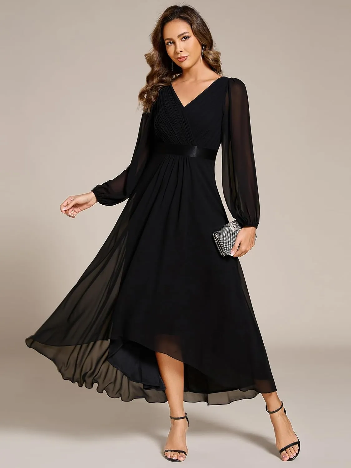 Ever-Pretty Women's Fall Chiffon V Neck Long Sleeves High-Low Tea Length A-Line Formal Wedding Guest Dresses 09894