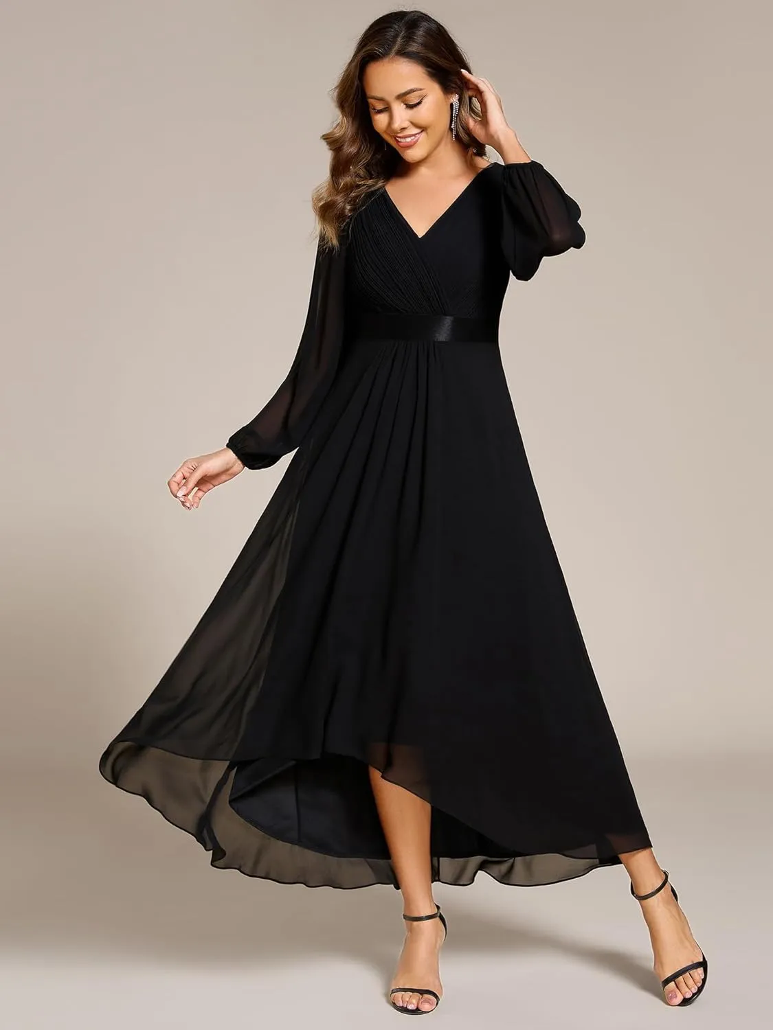 Ever-Pretty Women's Fall Chiffon V Neck Long Sleeves High-Low Tea Length A-Line Formal Wedding Guest Dresses 09894