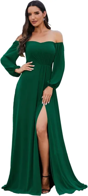 Ever-Pretty Women's Off Shoulder Lantern Sleeves A Line Split Maxi Bridesmaid Dresses S0002