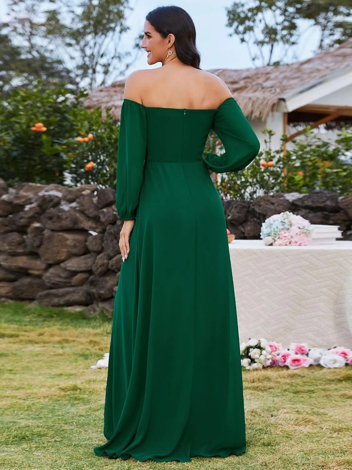 Ever-Pretty Women's Off Shoulder Lantern Sleeves A Line Split Maxi Bridesmaid Dresses S0002