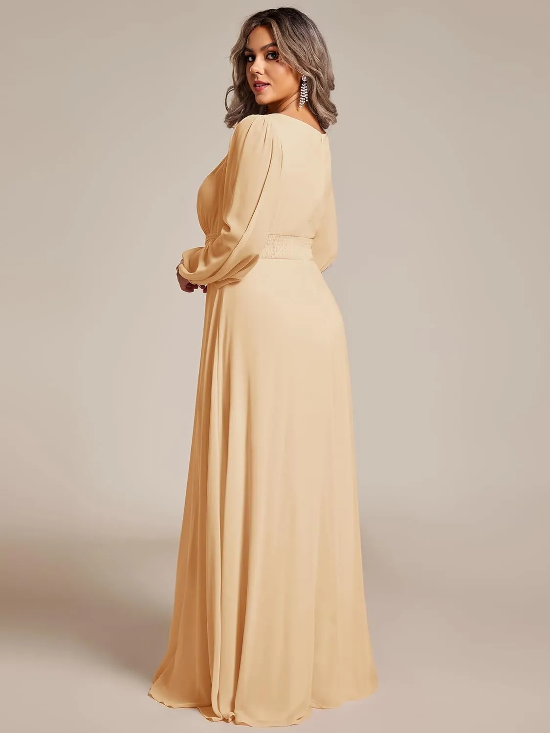 Ever-Pretty Women's Round Neck Long Lantern Sleeves Elastic Band Chiffon Plus Size Formal Gown Bridesmaid Dresses 0106B-DA
