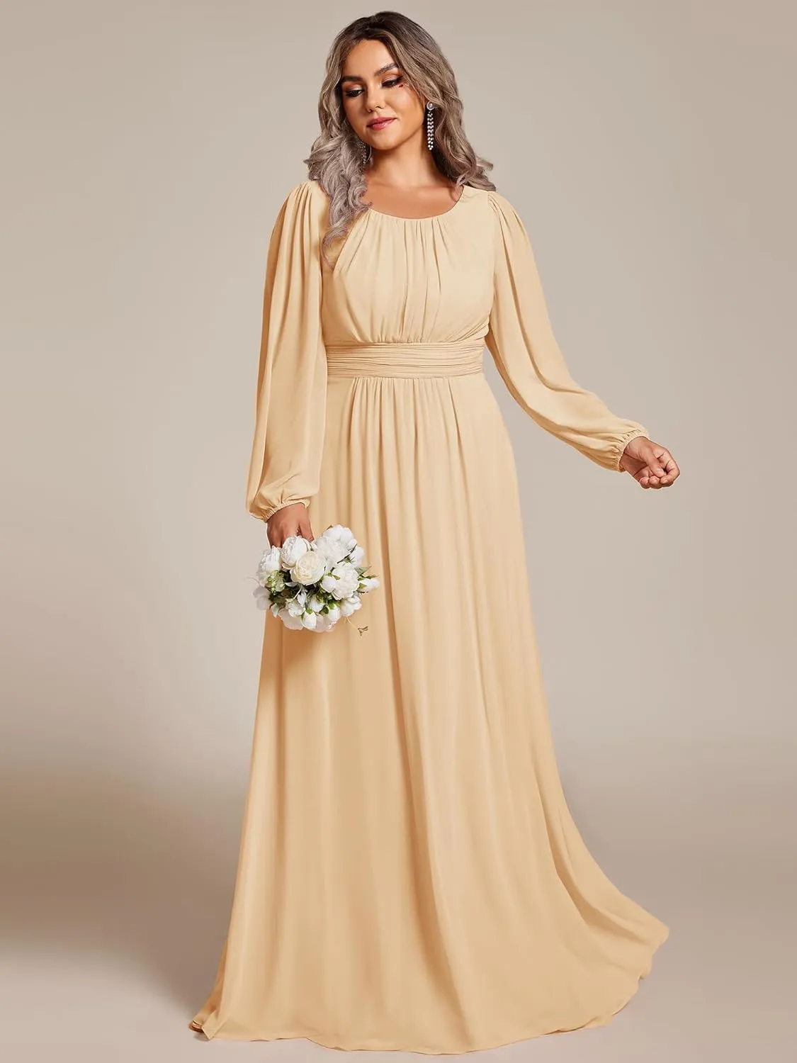 Ever-Pretty Women's Round Neck Long Lantern Sleeves Elastic Band Chiffon Plus Size Formal Gown Bridesmaid Dresses 0106B-DA