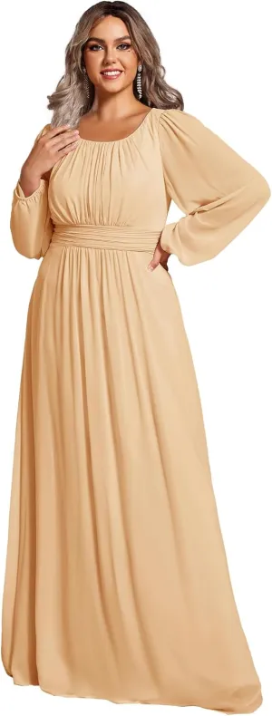 Ever-Pretty Women's Round Neck Long Lantern Sleeves Elastic Band Chiffon Plus Size Formal Gown Bridesmaid Dresses 0106B-DA