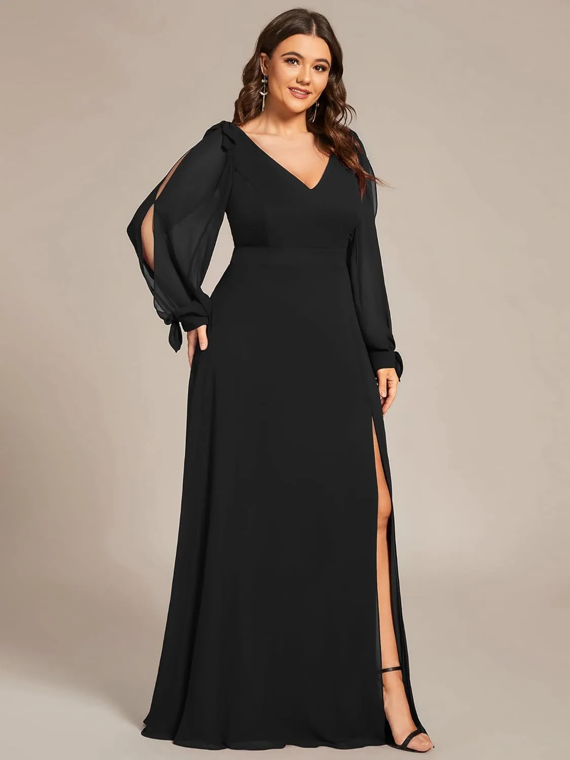 Ever-Pretty Women's V-Neck Elegant Chiffon Long Sleeve Plus Size Side Slit Formal Dress 80116-DA