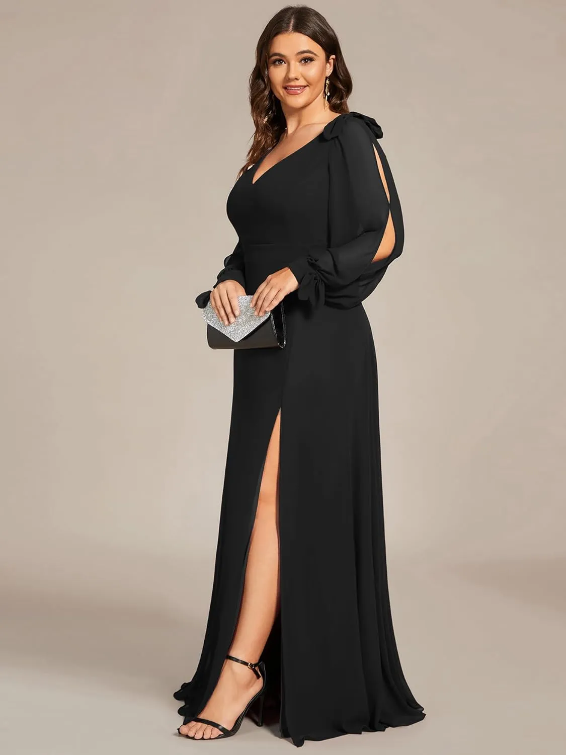 Ever-Pretty Women's V-Neck Elegant Chiffon Long Sleeve Plus Size Side Slit Formal Dress 80116-DA