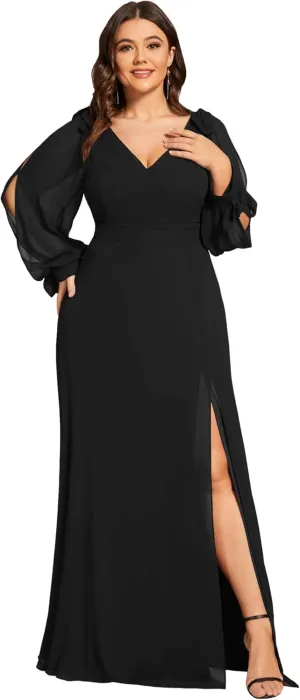 Ever-Pretty Women's V-Neck Elegant Chiffon Long Sleeve Plus Size Side Slit Formal Dress 80116-DA