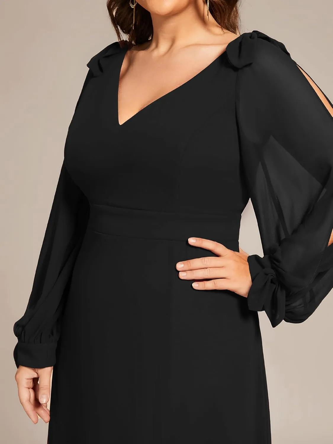 Ever-Pretty Women's V-Neck Elegant Chiffon Long Sleeve Plus Size Side Slit Formal Dress 80116-DA