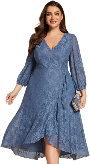 Ever-Pretty Women's V Neck Lace Fall Winter Formal Dresses Plus Size Midi Wedding Guest Dresses with Lantern Sleeves 02238-DA