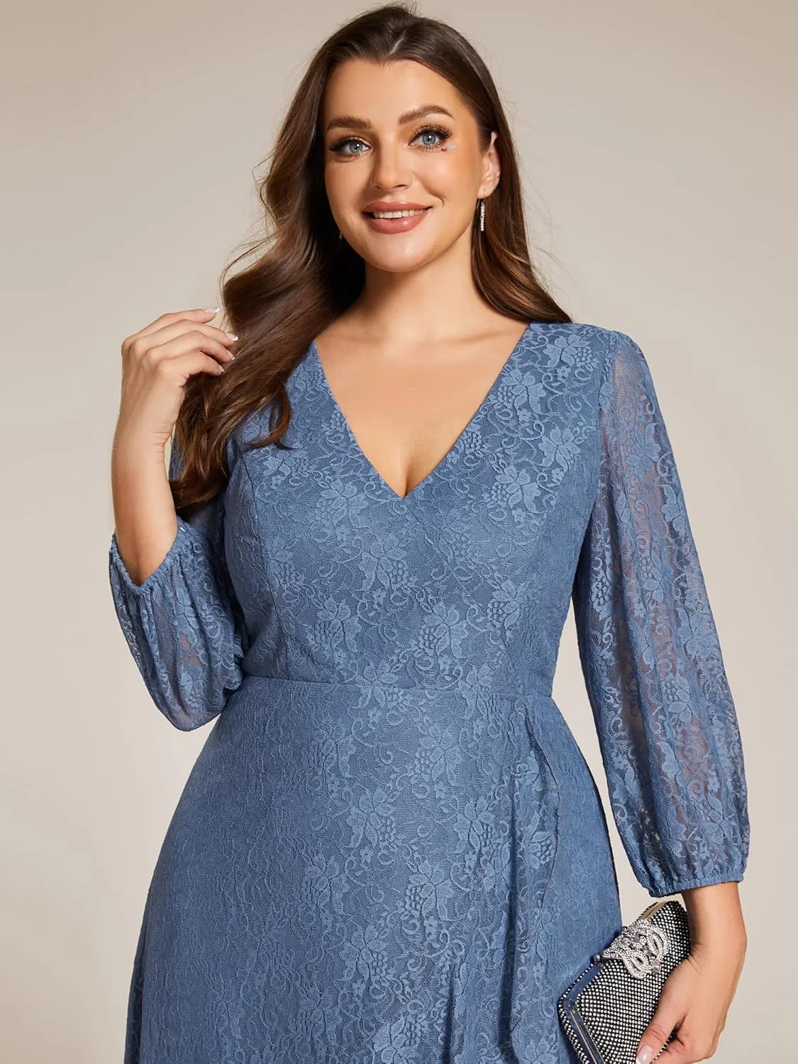 Ever-Pretty Women's V Neck Lace Fall Winter Formal Dresses Plus Size Midi Wedding Guest Dresses with Lantern Sleeves 02238-DA