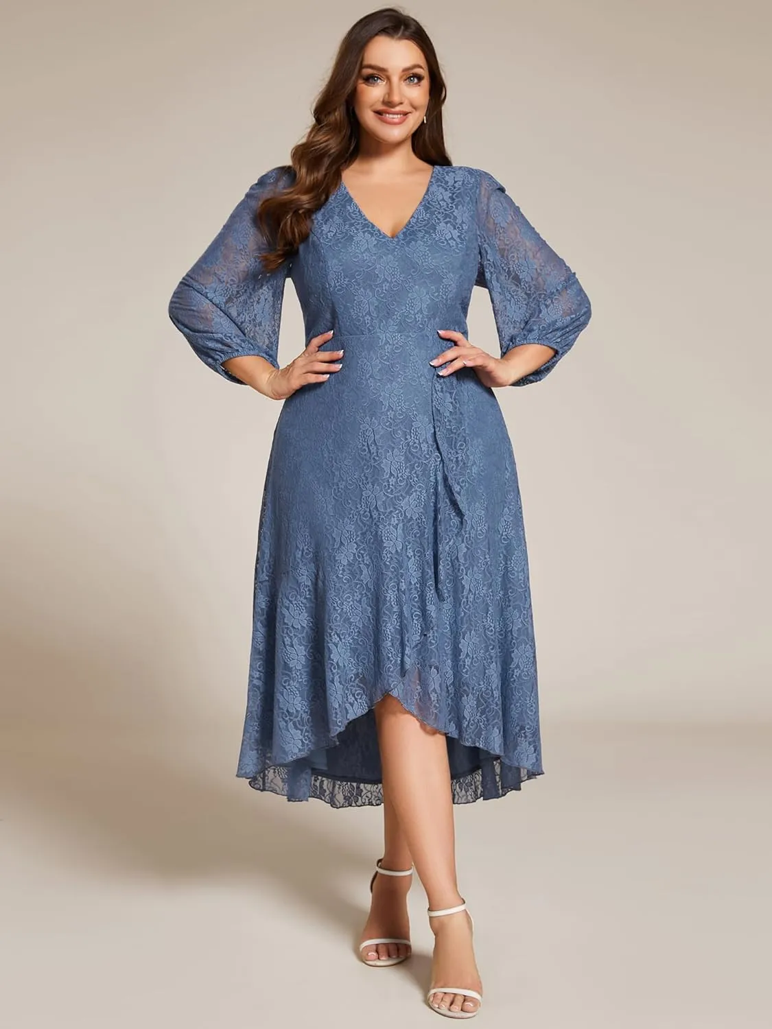 Ever-Pretty Women's V Neck Lace Fall Winter Formal Dresses Plus Size Midi Wedding Guest Dresses with Lantern Sleeves 02238-DA