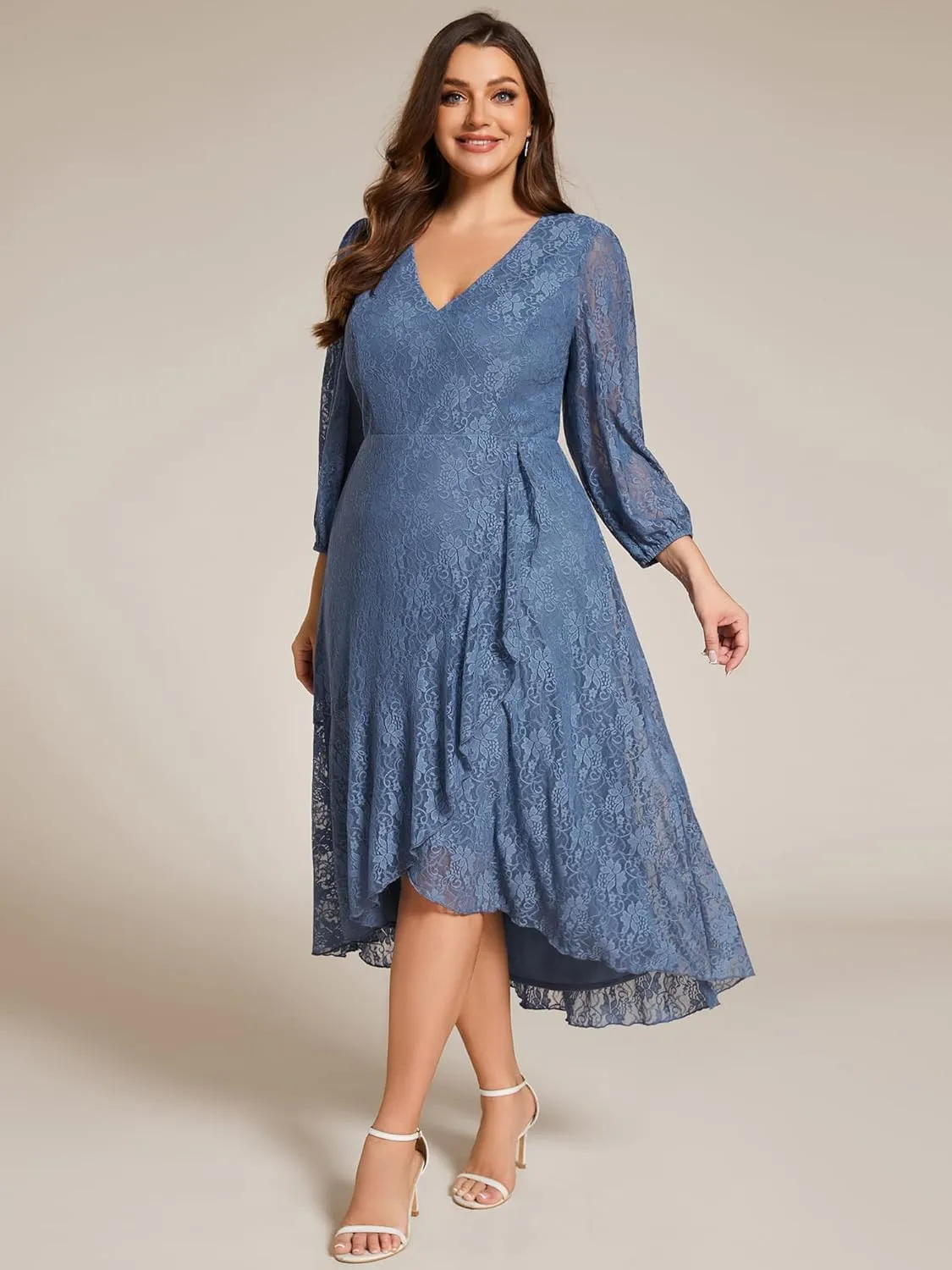 Ever-Pretty Women's V Neck Lace Fall Winter Formal Dresses Plus Size Midi Wedding Guest Dresses with Lantern Sleeves 02238-DA
