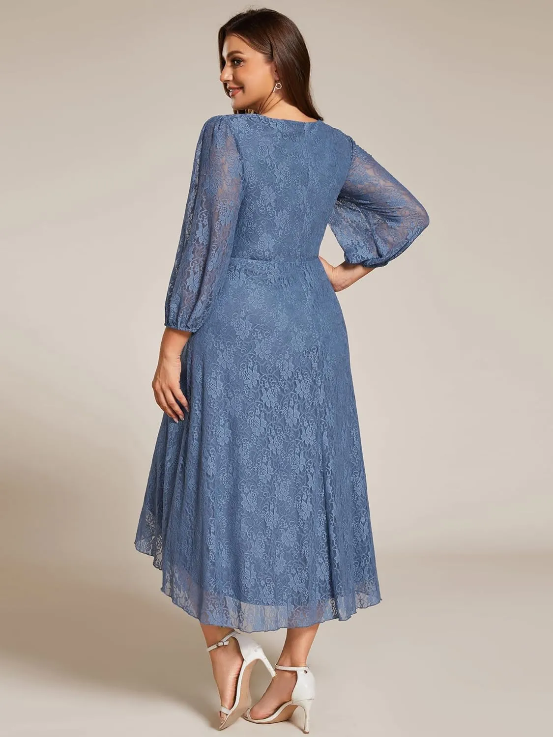 Ever-Pretty Women's V Neck Lace Fall Winter Formal Dresses Plus Size Midi Wedding Guest Dresses with Lantern Sleeves 02238-DA