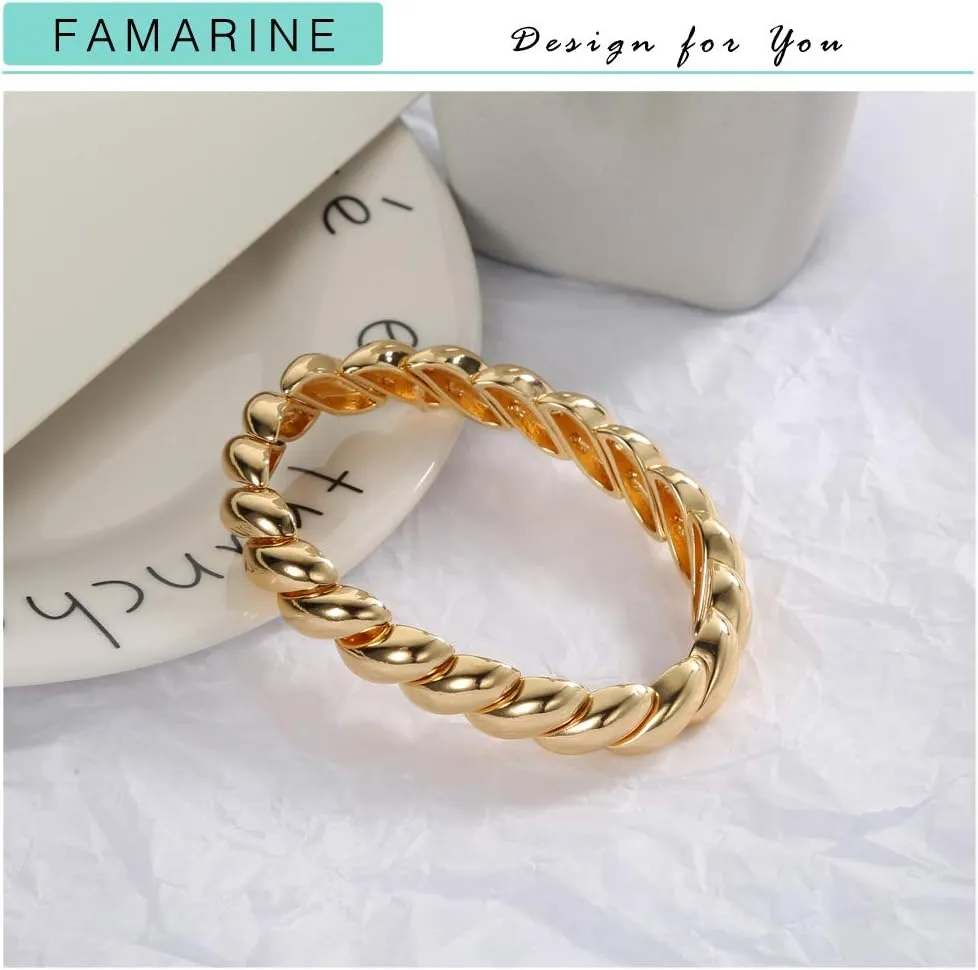 FAMARINE Twisted Thin or Chunky Bangle Bracelet in 14K Gold Plated, Stretchable Elastic Bracelet Couples Love Bracelets