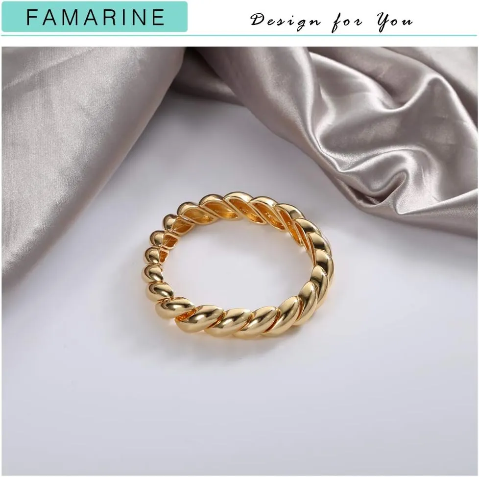 FAMARINE Twisted Thin or Chunky Bangle Bracelet in 14K Gold Plated, Stretchable Elastic Bracelet Couples Love Bracelets