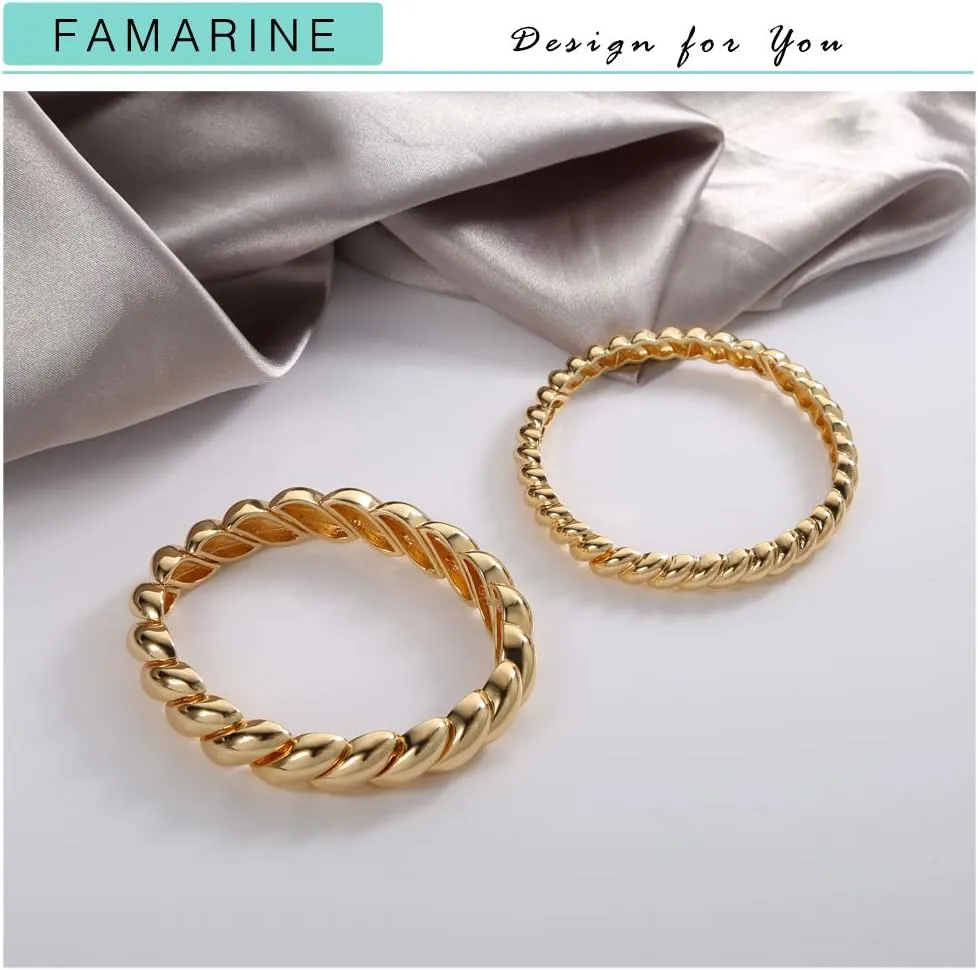 FAMARINE Twisted Thin or Chunky Bangle Bracelet in 14K Gold Plated, Stretchable Elastic Bracelet Couples Love Bracelets