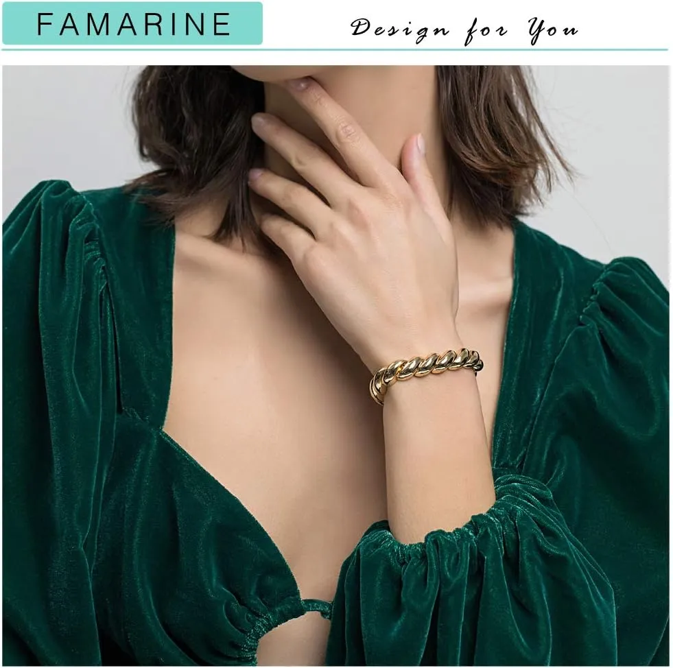 FAMARINE Twisted Thin or Chunky Bangle Bracelet in 14K Gold Plated, Stretchable Elastic Bracelet Couples Love Bracelets
