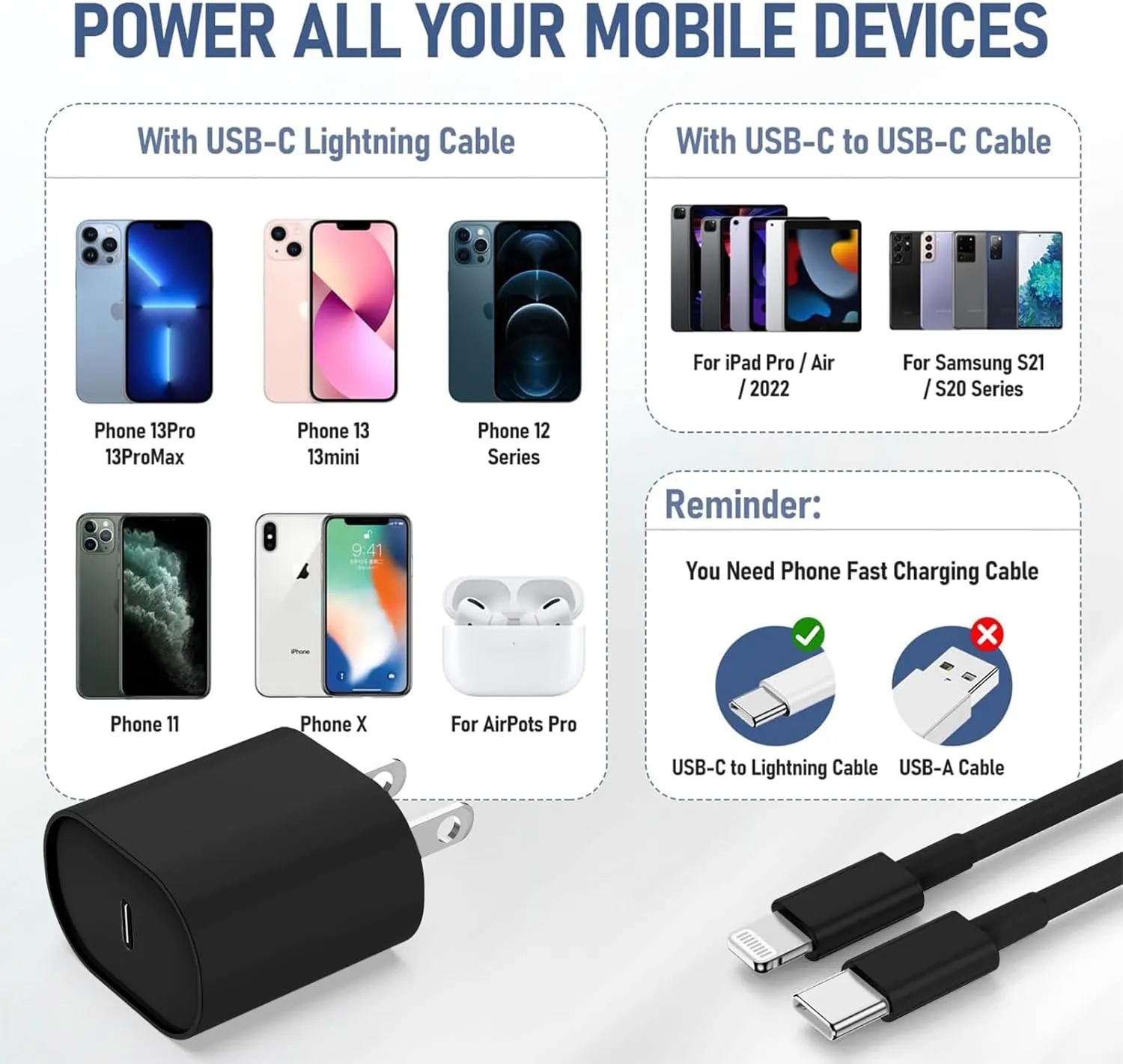 Fast Charger for i Phone 14 13 12 Charge Fast Charging, 2Pack 10FT USB C to L Cable with 20W USB C for i Phone Charger Block, Compatible with iPhone 14 13 12 Pro 14 Plus 13 Pro Max - Black