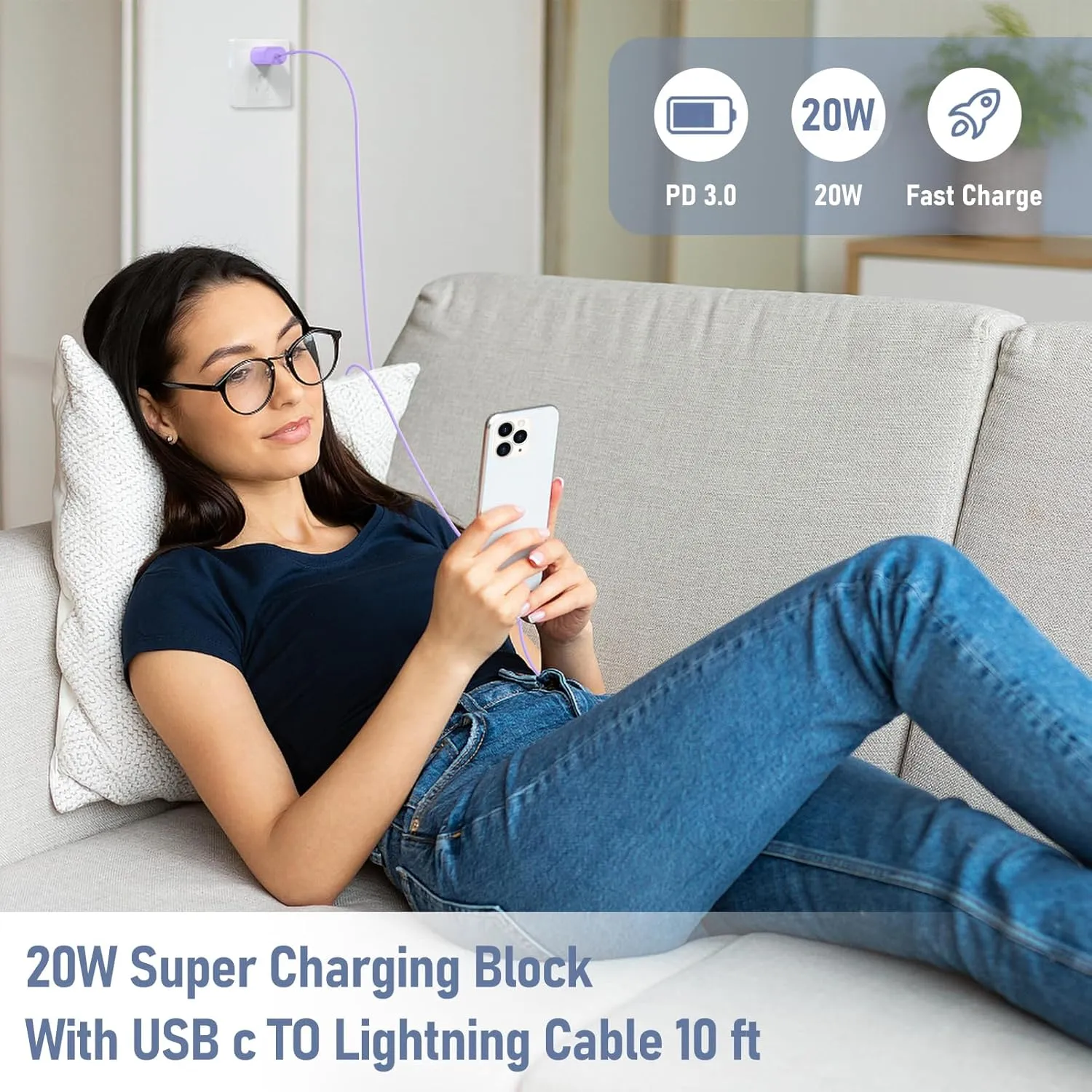Fast Charger for i Phone 14 13 12 Charge Fast Charging, 2Pack 10FT USB C to L Cable with 20W USB C for i Phone Charger Block, Compatible with iPhone 14 13 12 Pro 14 Plus 13 Pro Max - Purple