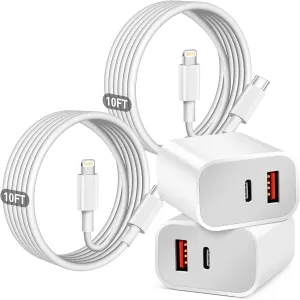 Fast Charger iPhone,Dual Port A/C iPhone Charger Fast Charging Adapter[Apple MFi Certified]2Pack Quick Double iPhone Wall Charger Block 10FT USBC to Lightning Cable for iPhone 14 ProMax/13/12/11/XS/XR